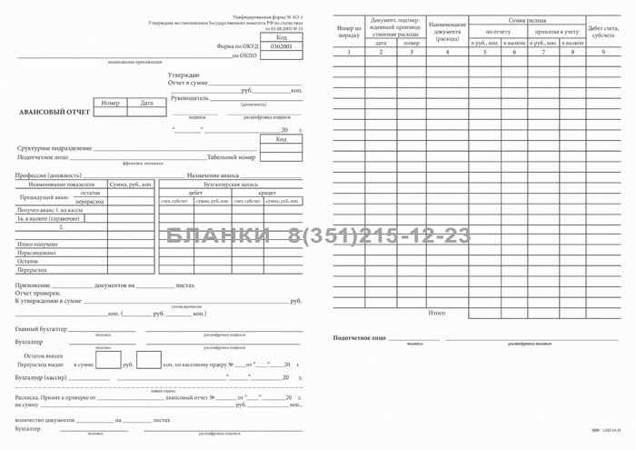 Образец заполнения авансового отчета 0504505